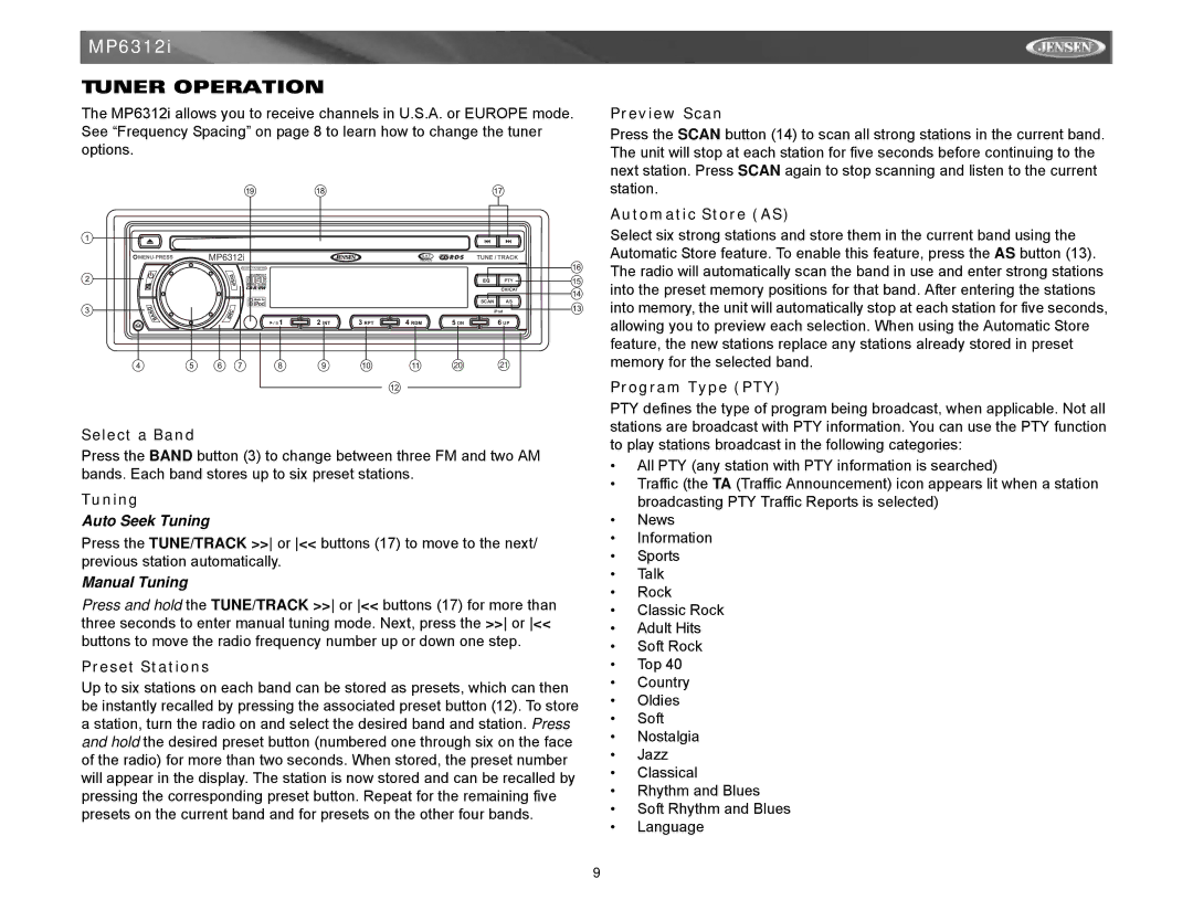 Jensen Tools MP6312 instruction manual Tuner Operation 