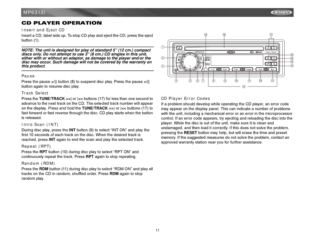 Jensen Tools MP6312 instruction manual CD Player Operation 