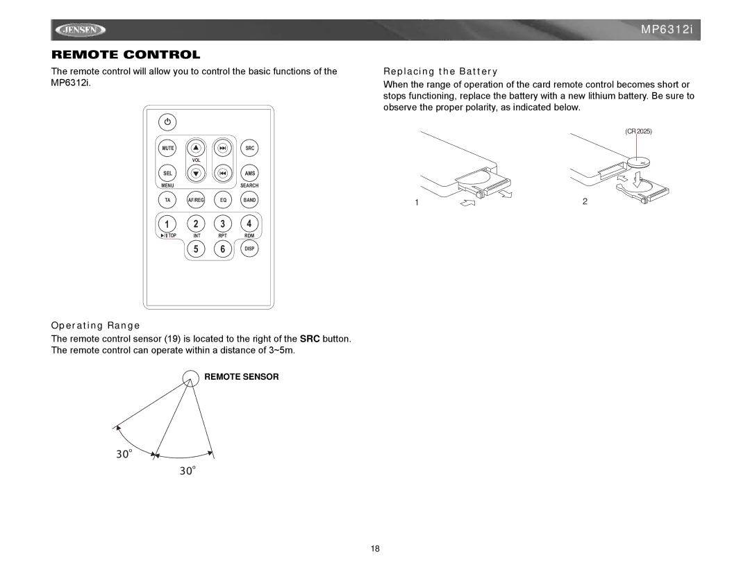 Jensen Tools MP6312 instruction manual Remote Control, Replacing the Battery, Operating Range 