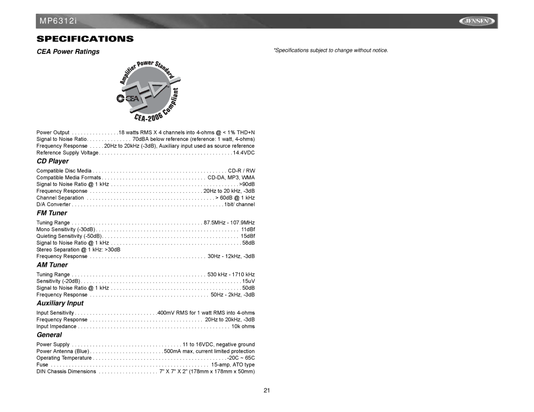 Jensen Tools MP6312 instruction manual Specifications 