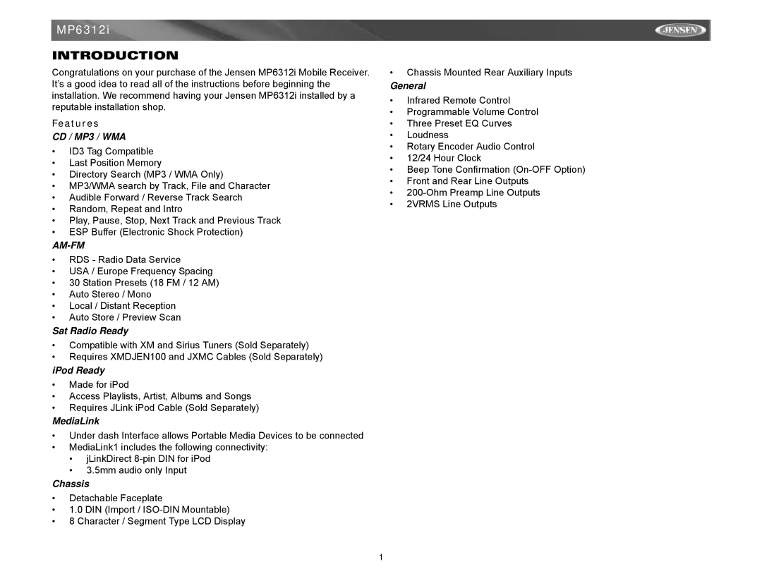 Jensen Tools MP6312 instruction manual Introduction, Features 