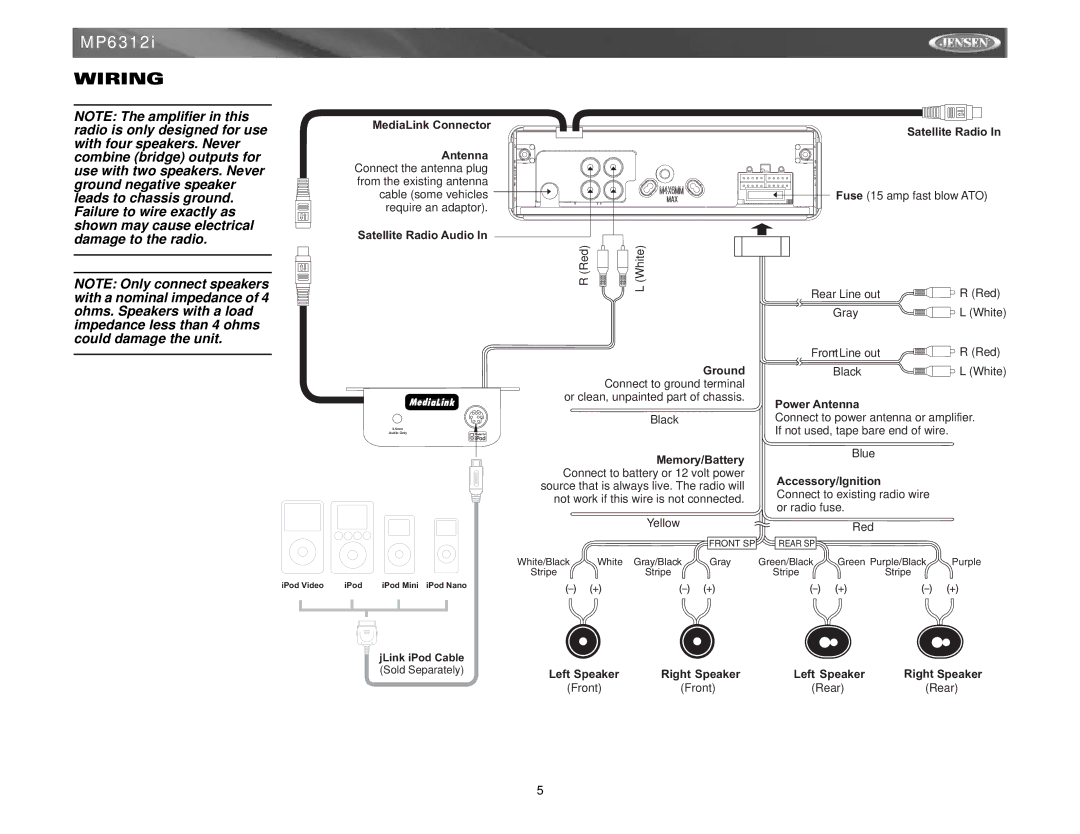 Jensen Tools MP6312 instruction manual Wiring, Satellite Radio Audio 