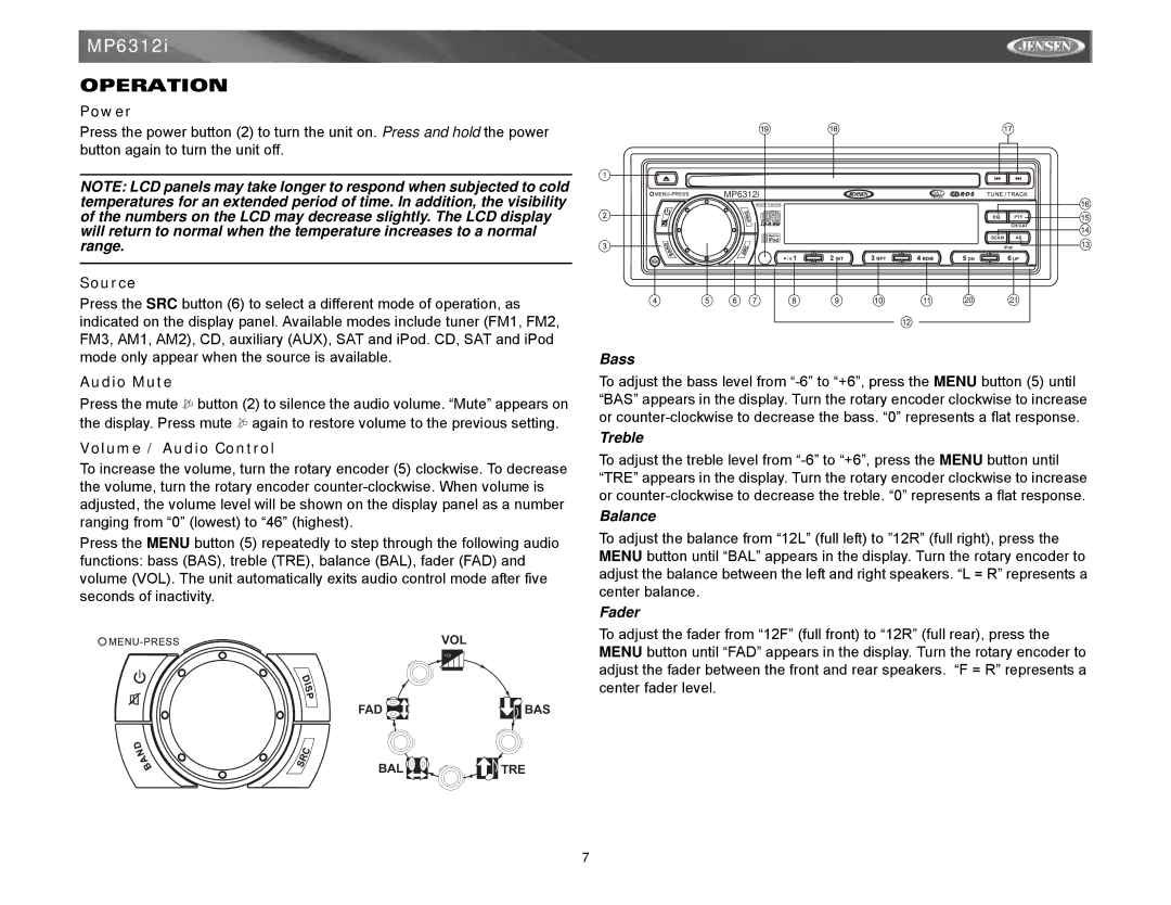 Jensen Tools MP6312 instruction manual Operation, Power, Source, Audio Mute, Volume / Audio Control 