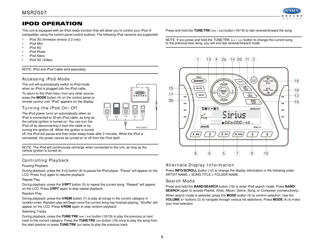 Jensen Tools MSR2007 Ipod Operation, Accessing iPod Mode, Turning the iPod On/Off, Controlling Playback, Search Mode 