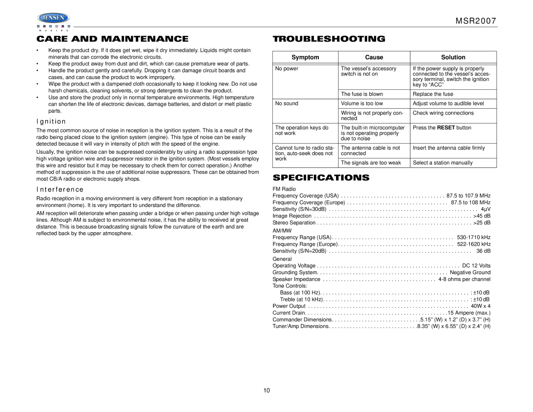 Jensen Tools MSR2007 operation manual Care and Maintenance Troubleshooting, Specifications, Ignition, Interference 