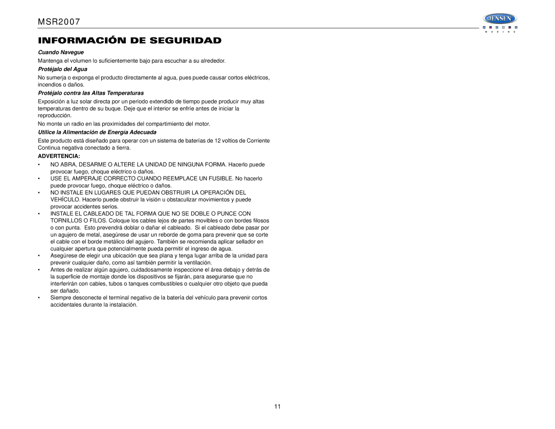 Jensen Tools MSR2007 Información DE Seguridad, Cuando Navegue, Protéjalo del Agua, Protéjalo contra las Altas Temperaturas 