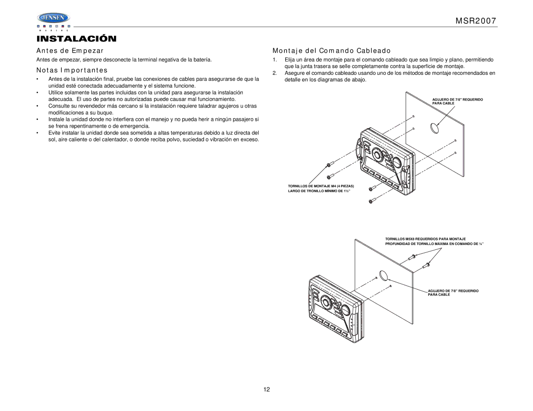 Jensen Tools MSR2007 operation manual Instalación, Antes de Empezar, Notas Importantes, Montaje del Comando Cableado 