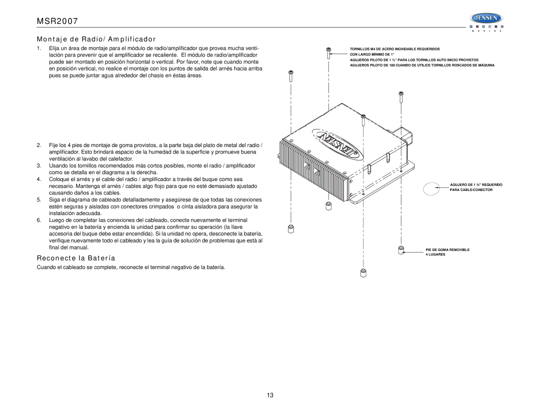 Jensen Tools MSR2007 operation manual Montaje de Radio/Amplificador, Reconecte la Batería 