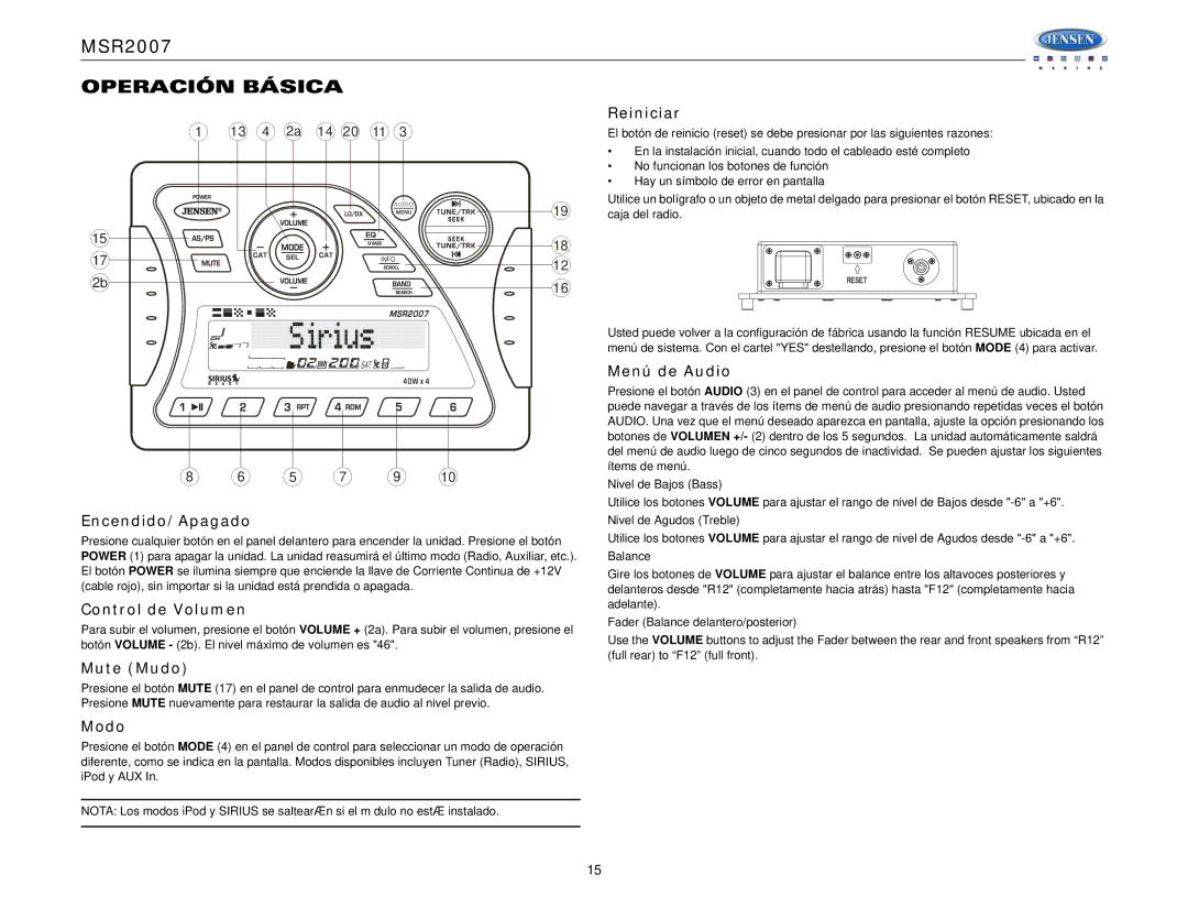 Jensen Tools MSR2007 operation manual Operación Básica 