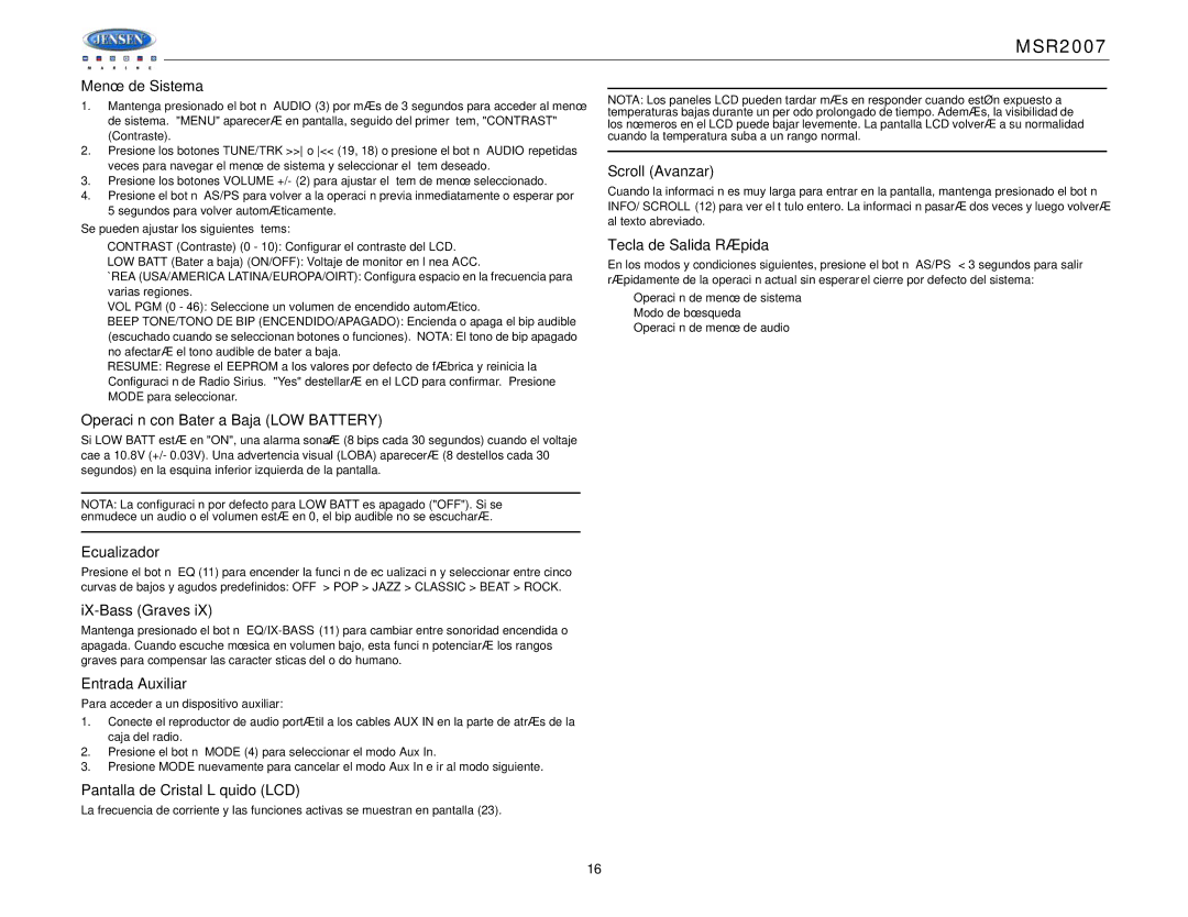 Jensen Tools MSR2007 Menú de Sistema, Scroll Avanzar, Tecla de Salida Rápida, Operación con Batería Baja LOW Battery 