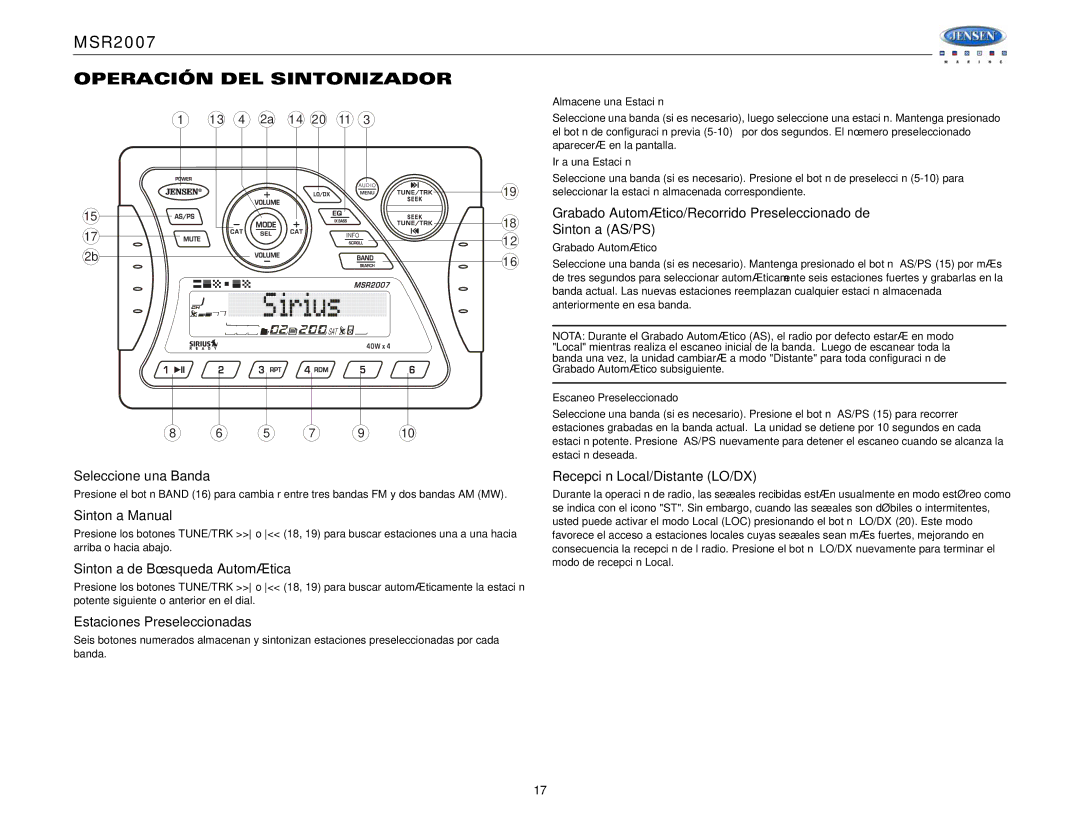 Jensen Tools MSR2007 operation manual Operación DEL Sintonizador 