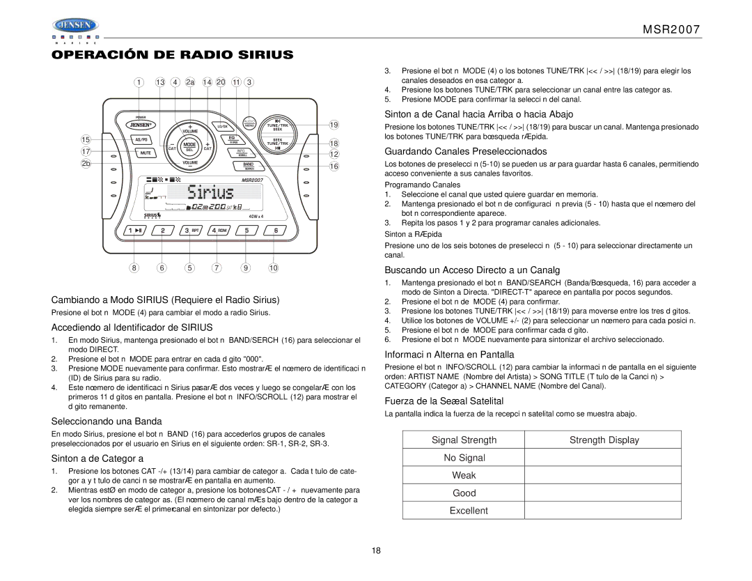 Jensen Tools MSR2007 operation manual Operación DE Radio Sirius 