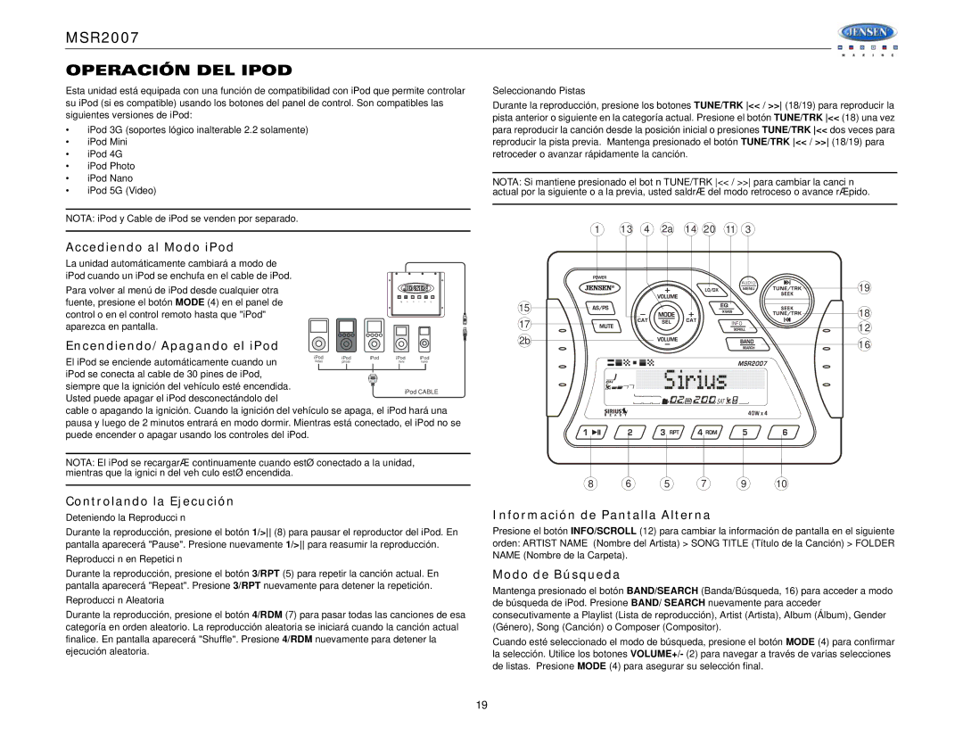 Jensen Tools MSR2007 operation manual Operación DEL Ipod 