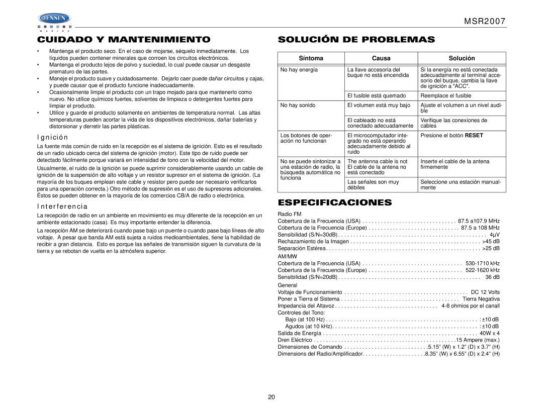 Jensen Tools MSR2007 Cuidado Y Mantenimiento Solución DE Problemas, Especificaciones, Ignición, Interferencia, Radio FM 