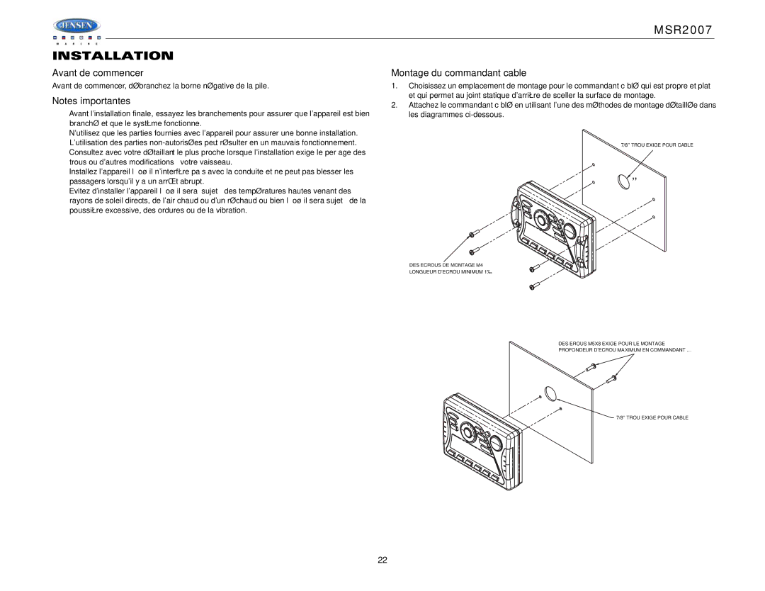 Jensen Tools MSR2007 operation manual Avant de commencer, Montage du commandant cable 