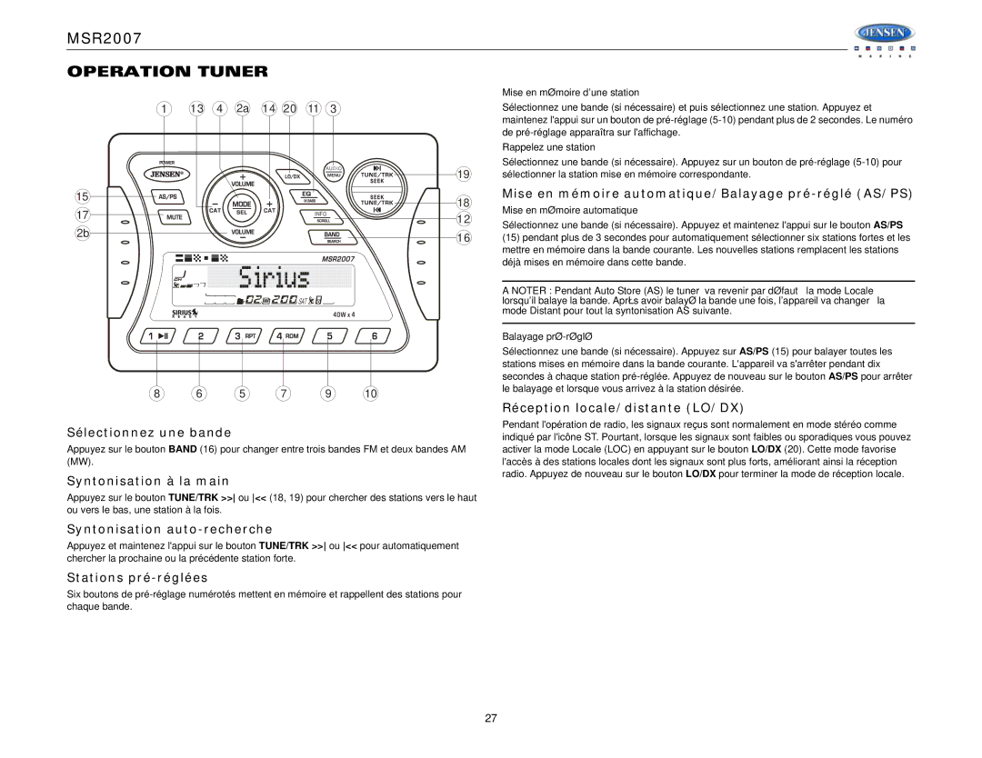 Jensen Tools MSR2007 operation manual Operation Tuner 