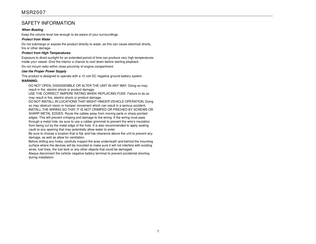 Jensen Tools MSR2007 operation manual Safety Information, When Boating, Protect from Water, Protect from High Temperatures 