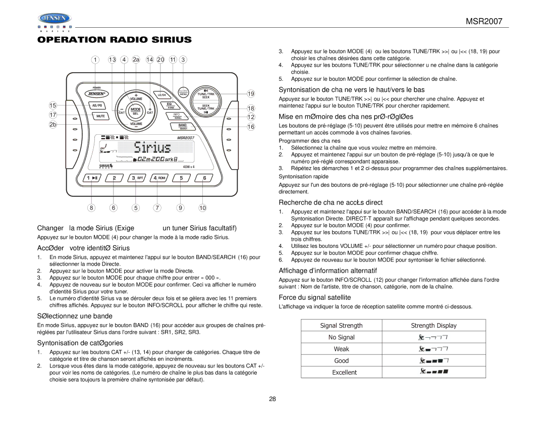 Jensen Tools MSR2007 operation manual Operation Radio Sirius 