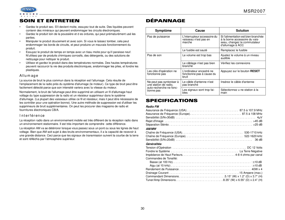 Jensen Tools MSR2007 operation manual Soin ET Entretien Dépannage, Allumage, Interférence, Généralités 