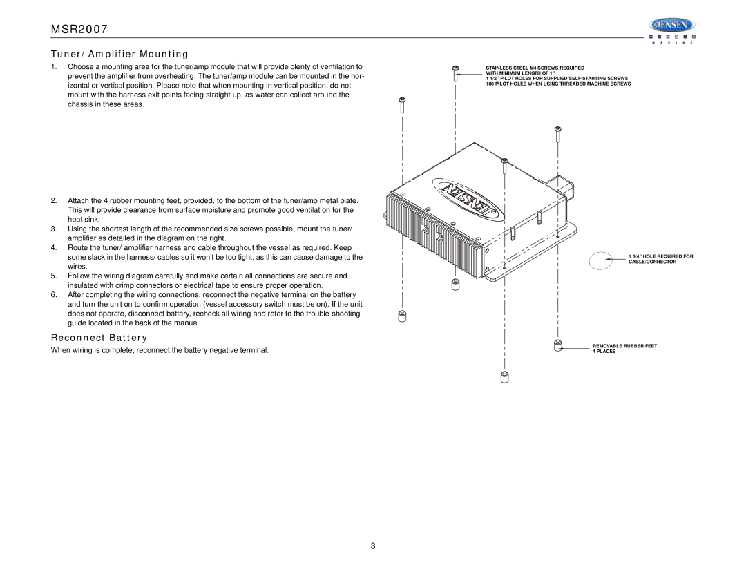 Jensen Tools MSR2007 operation manual Tuner/Amplifier Mounting, Reconnect Battery 