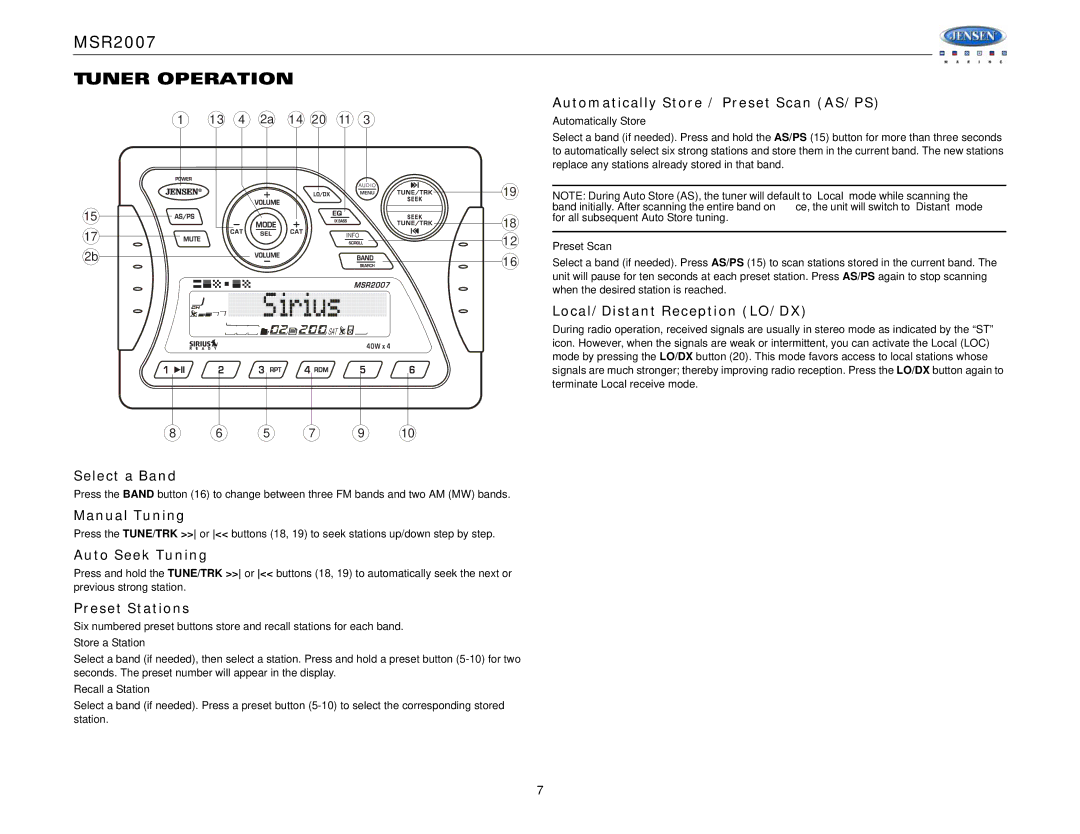 Jensen Tools MSR2007 operation manual Tuner Operation 