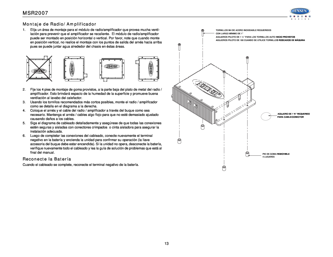 Jensen Tools MSR2007 Montaje de Radio/Amplificador, Reconecte la Batería, AGUJERO DE 1 ¾ REQUERIDO PARA CABLE/CONECTOR 