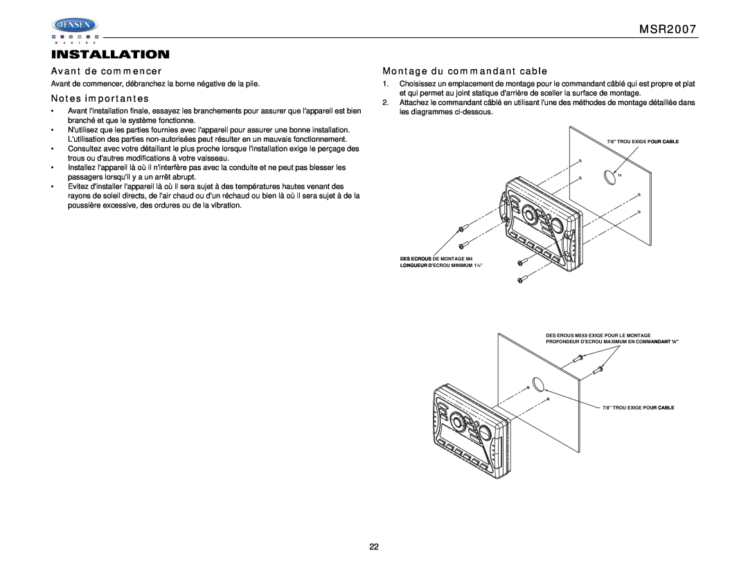 Jensen Tools operation manual Avant de commencer, Notes importantes, Montage du commandant cable, MSR2007 INSTALLATION 