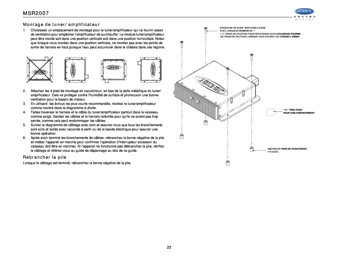 Jensen Tools MSR2007 Montage de tuner/amplificateur, Rebrancher la pile, 1 ¾ TROU EXIGE POUR CABLE/BRANCHEMENT 