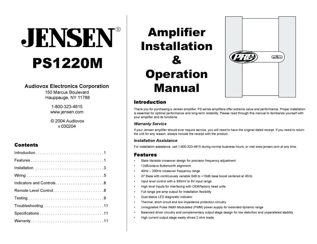 Jensen Tools PS1220M specifications Contents, Introduction, Features, Audiovox Electronics Corporation 