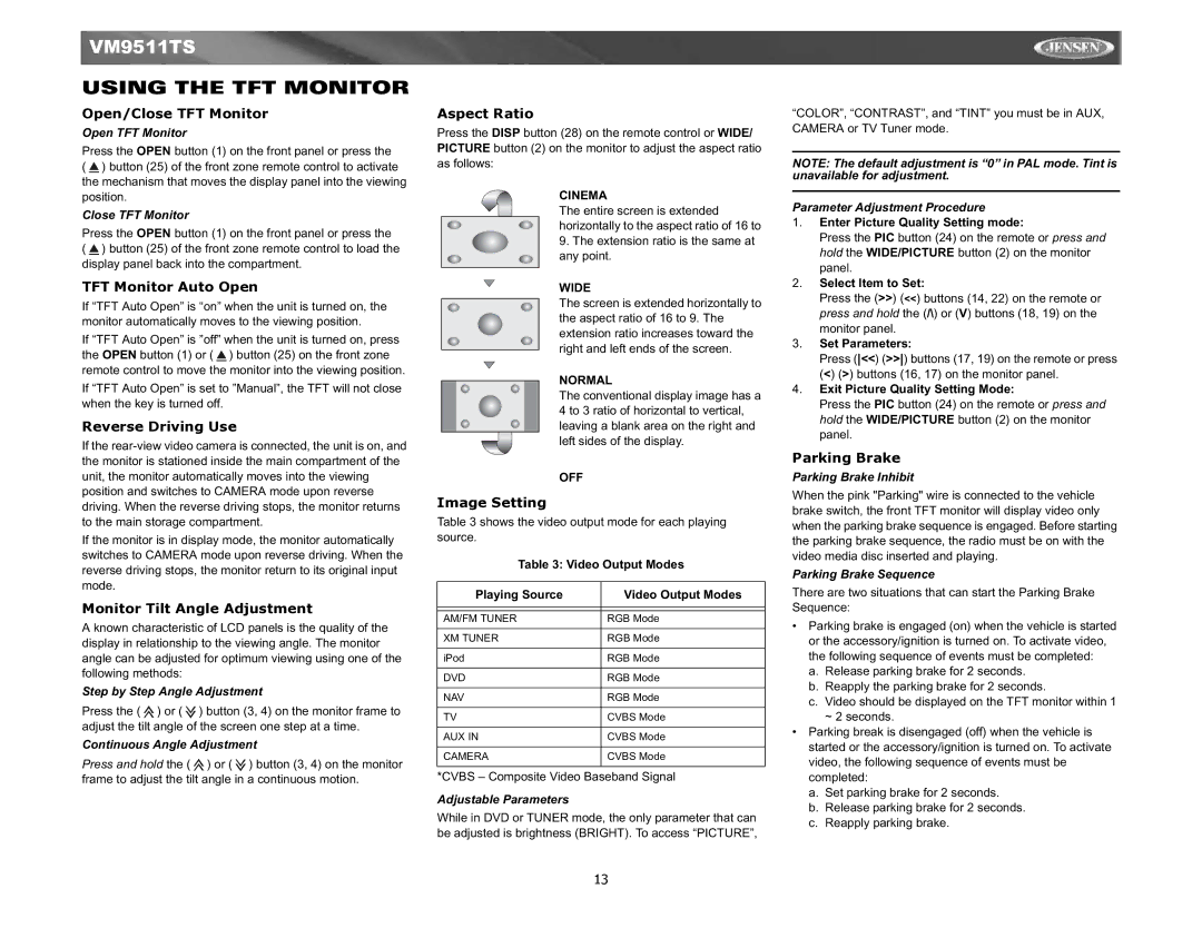 Jensen Tools VM9511TS instruction manual Using the TFT Monitor 