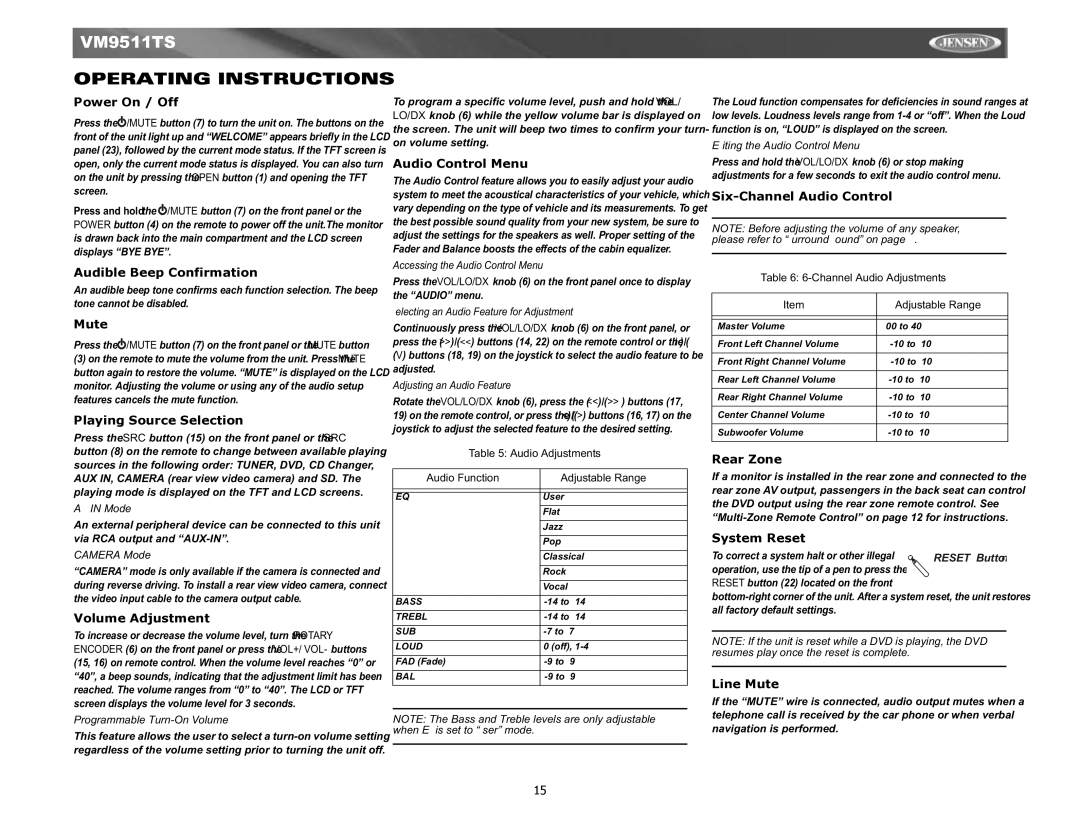 Jensen Tools VM9511TS instruction manual Operating Instructions 