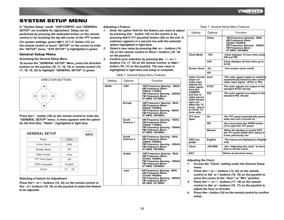 Jensen Tools VM9511TS instruction manual System Setup Menu, General Setup Menu 