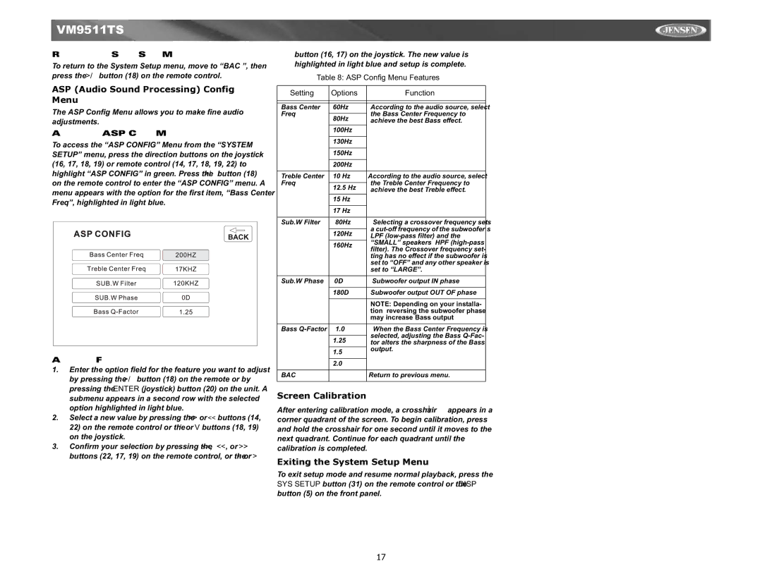 Jensen Tools VM9511TS ASP Audio Sound Processing Config Menu, Screen Calibration, Exiting the System Setup Menu 