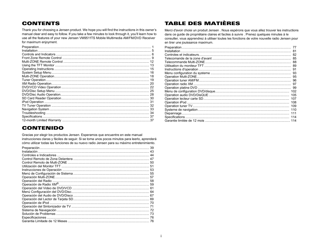 Jensen Tools VM9511TS instruction manual Contents, Contenido, Table DES Matières 