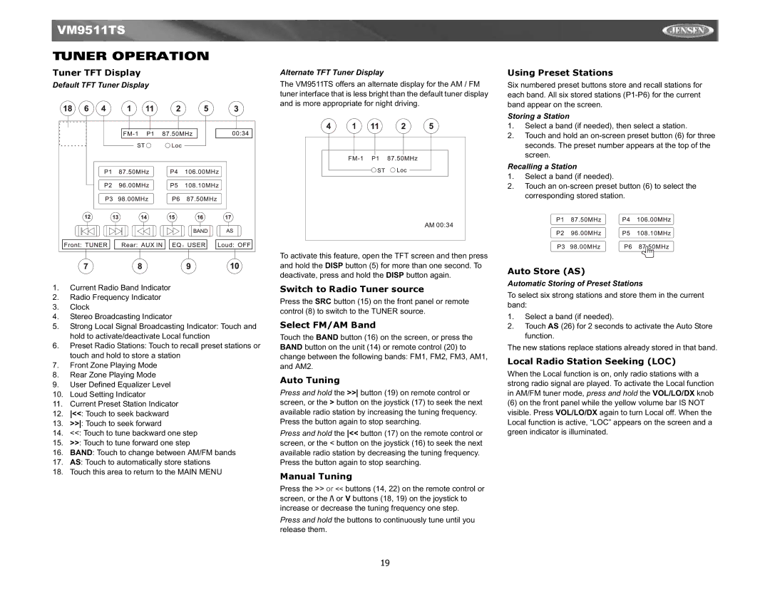 Jensen Tools VM9511TS instruction manual Tuner Operation 