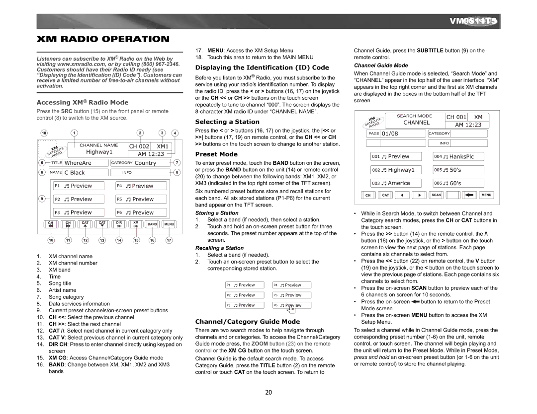 Jensen Tools VM9511TS XM Radio Operation, Displaying the Identification ID Code, Selecting a Station, Preset Mode 