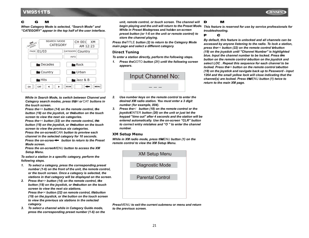 Jensen Tools VM9511TS Direct Tuning, XM Setup Menu, Category Guide Mode, Diagnostic Mode, Parental Control 