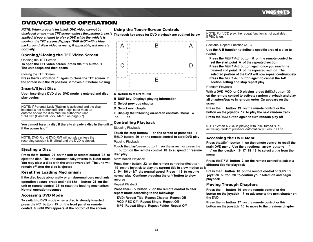 Jensen Tools VM9511TS instruction manual DVD/VCD Video Operation 