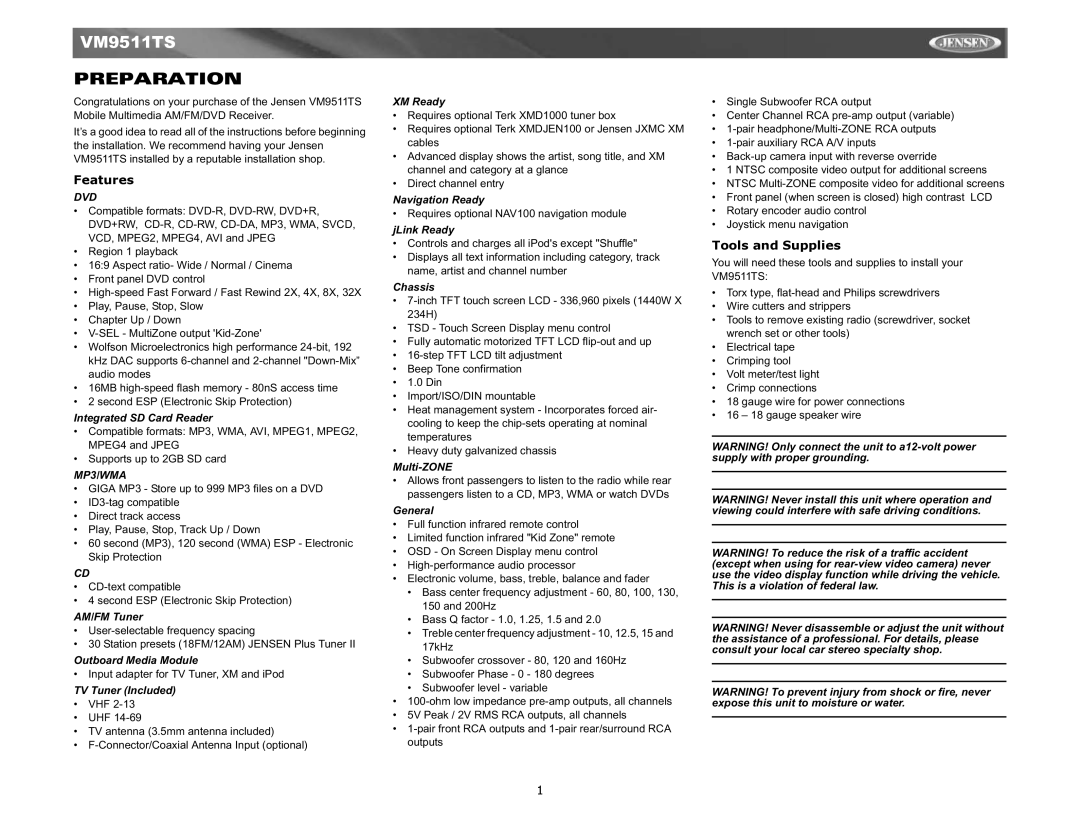 Jensen Tools VM9511TS instruction manual Preparation, Features, Tools and Supplies 