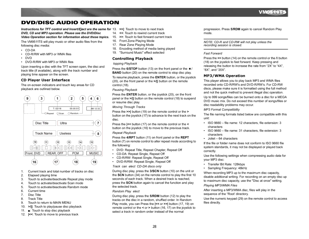 Jensen Tools VM9511TS instruction manual DVD/DISC Audio Operation, CD Player User Interface, MP3/WMA Operation 