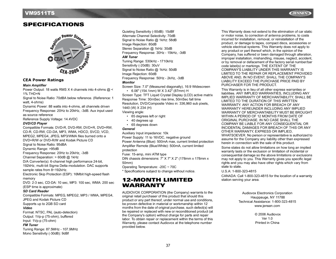 Jensen Tools VM9511TS instruction manual Specifications, Month Limited Warranty, CEA Power Ratings 