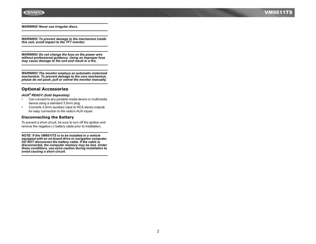 Jensen Tools VM9511TS instruction manual Disconnecting the Battery, IAUX3 Ready Sold Separately 