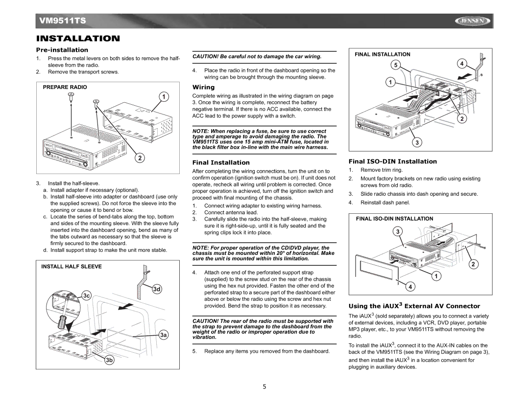 Jensen Tools VM9511TS instruction manual Installation 