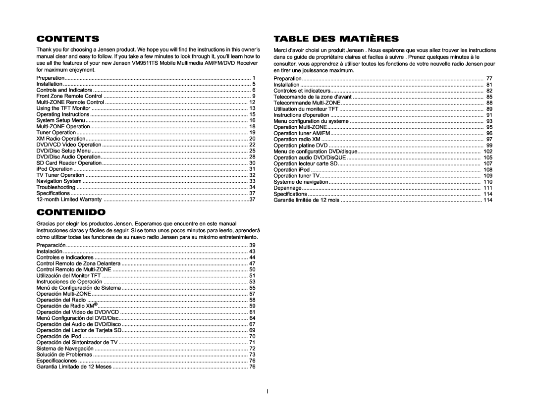 Jensen Tools VM9511TS instruction manual Contents, Contenido, Table Des Matières 