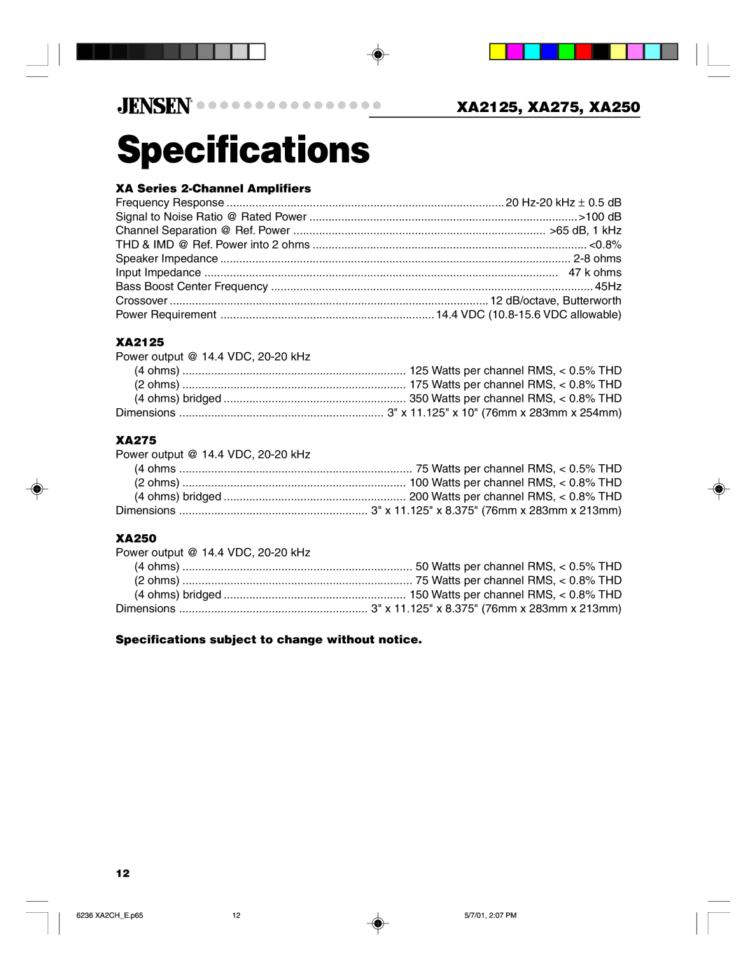 Jensen Tools XA2125 warranty XA275, XA250, Specifications subject to change without notice 