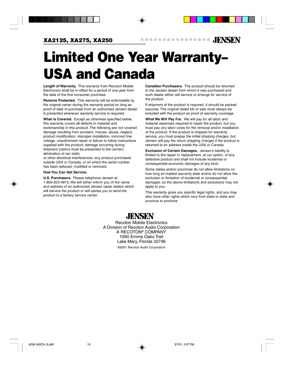 Jensen Tools XA275, XA2125, XA250 warranty Limited One Year Warranty- USA and Canada, How You Can Get Service 