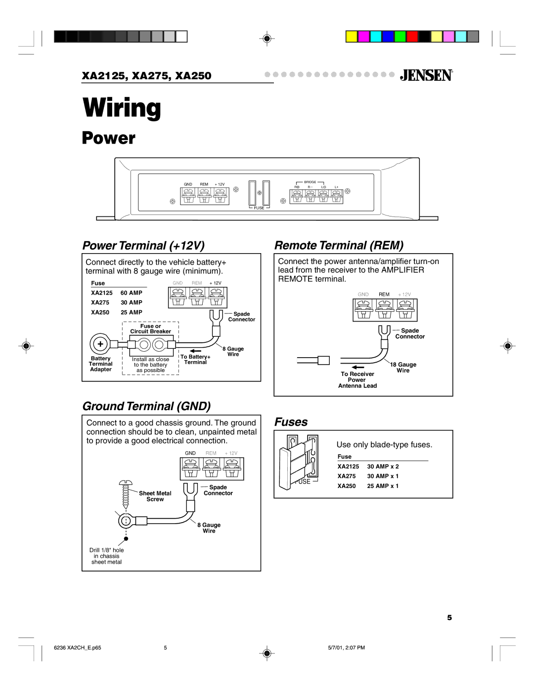 Jensen Tools XA250, XA2125, XA275 warranty Wiring, Power 