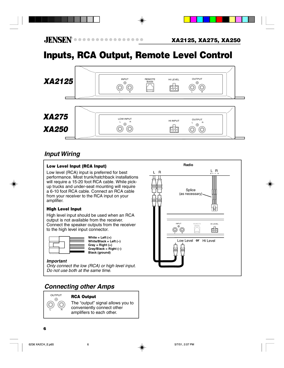 Jensen Tools XA2125, XA275, XA250 warranty Inputs, RCA Output, Remote Level Control, Input Wiring, Connecting other Amps 