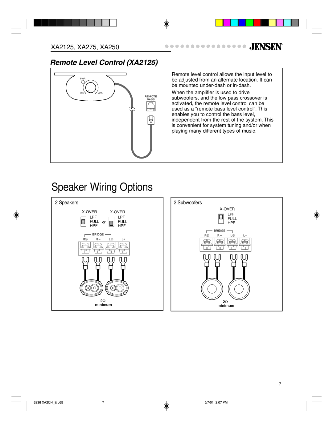 Jensen Tools XA275, XA250 warranty Speaker Wiring Options, Remote Level Control XA2125, Speakers, Subwoofers 