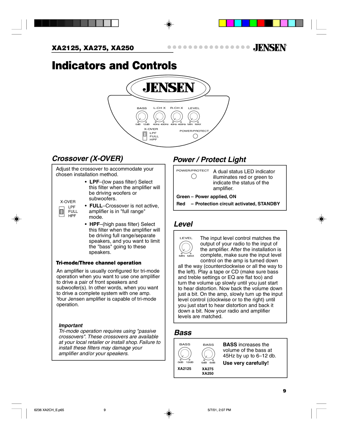 Jensen Tools XA2125, XA275, XA250 warranty Indicators and Controls, Crossover X-OVER, Power / Protect Light, Bass 